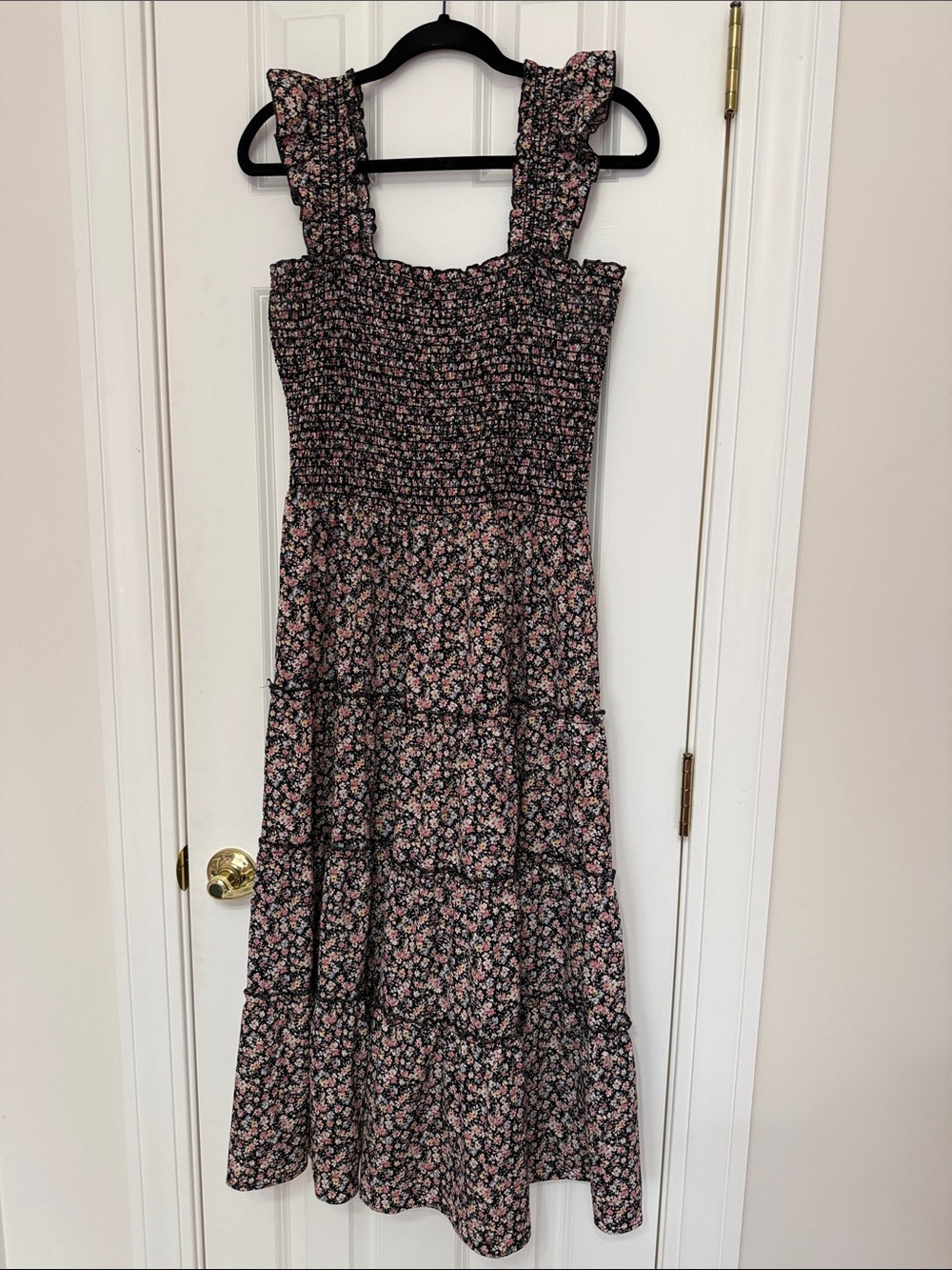 Smocked Floral Midi Dress - Black & Pink